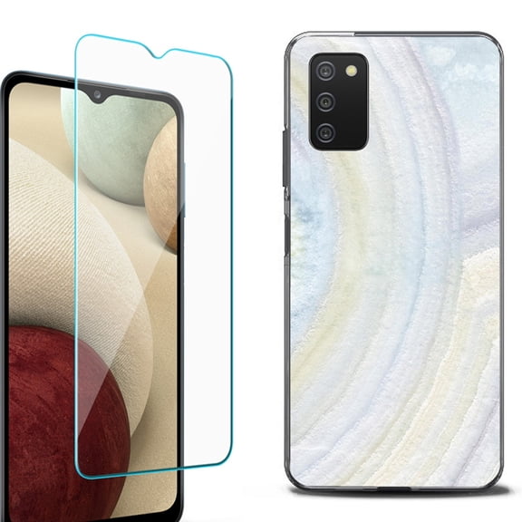 Slim-Fit Protective Fashion Phone Case (Black) for Samsung Galaxy A03s, with Tempered Glass Screen Protector, by OneToughShield ® - Marble / Rainbow