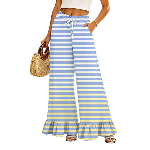 Striped Palazzo Pants for Women Casual Oversized Wide Leg Ruffle Flowy Pants with Pockets Baggy Vacation Summer Pant, S