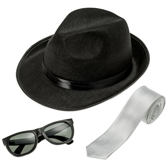 NJ Novelty Fedora Gangster Hat, Black Pinched Hat Adult Costume Accessory with White Band (Black Hat, White Tie & Glasses)