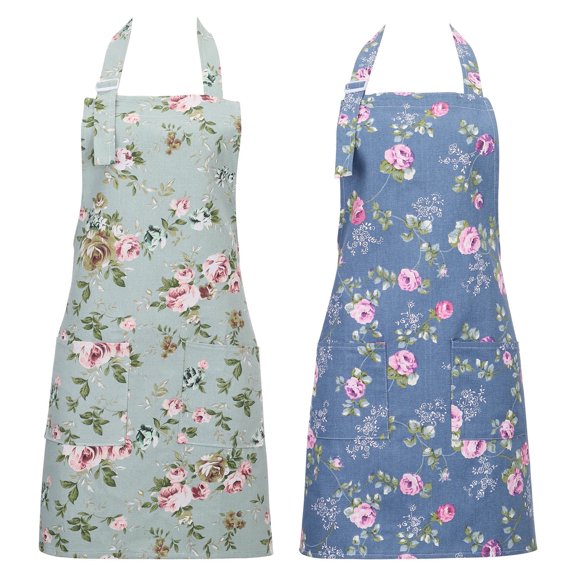 Topekada 2Pack Floral Aprons for Women Adjustable Kitchen Chef Apron With Rose Pattern for Cooking, Baking(Blue)