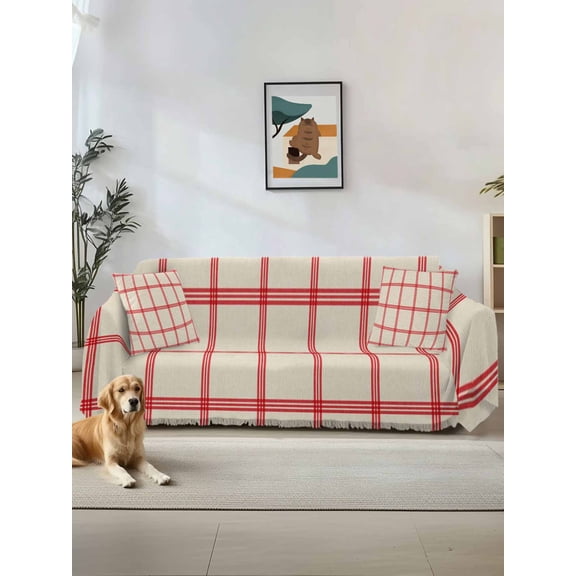 Yellow Buffalo Plaid Couch Cover Sofa Covers 3 Cushion Sectional Couch, Red Lines Grid Pattern Vintage Washable Sofa Covers Slipcover Sectional Sofa Cover, Furniture Protector 71"x150"
