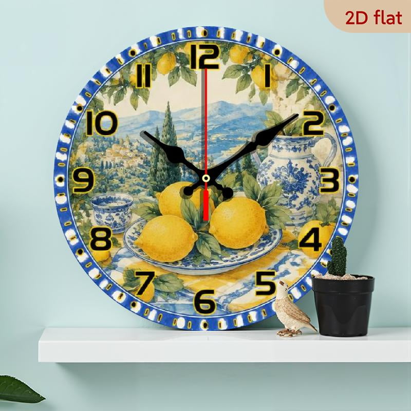 Lemon Fruit Landscape Decorative Wall Clock, Tuscany Italian Countryside Design, Mediterranean Style Hanging Clock for Kitchen, Living Room, Dining Room, Perfect Gift for Family and Friends 10x