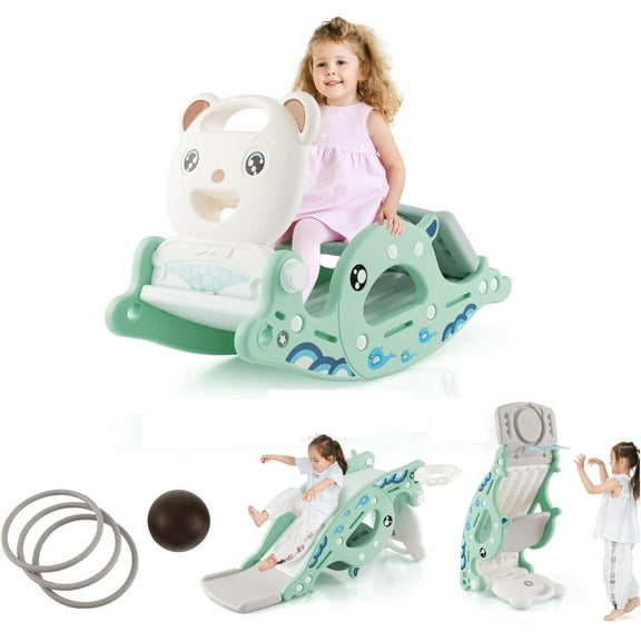 4 in 1 Toddler Slide Rocking Toy, Slide for Kids with Basketball Hoop and Ring Game, Rocking Horse, Foldable Climber Playground Slide for Both Indoors Outdoor Use (Green Ocean)
