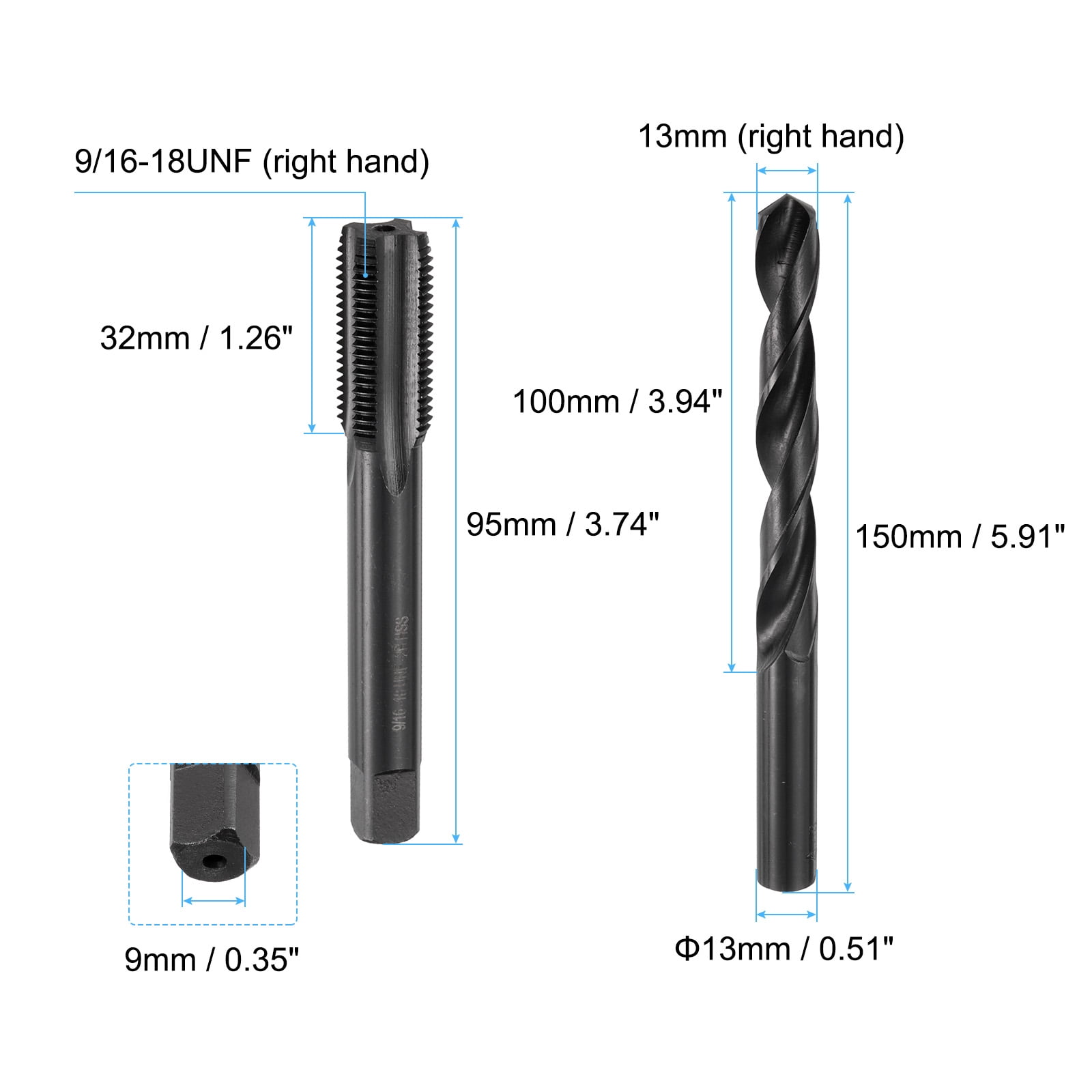 Uxcell Tap and Drill Bit Set, 9/16-18UNF Straight Flute Tap & 13mm Drill Bit Black Oxide
