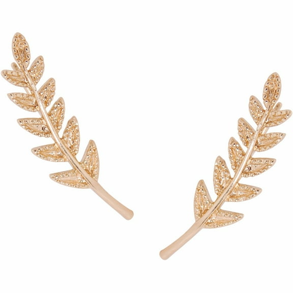 Tiny Leaf Ear Climbers - Delicate Crawler Cuff Stud Jacket Earrings, Gold-Tone