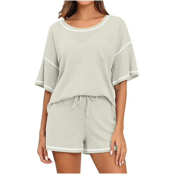 qolati Pajamas Sets for Women Waffle Knit Lounge Set Short Sleeve Pullover Top and Shorts Pjs 2 Piece Outfits Loungewear Sleepwear with Pocket