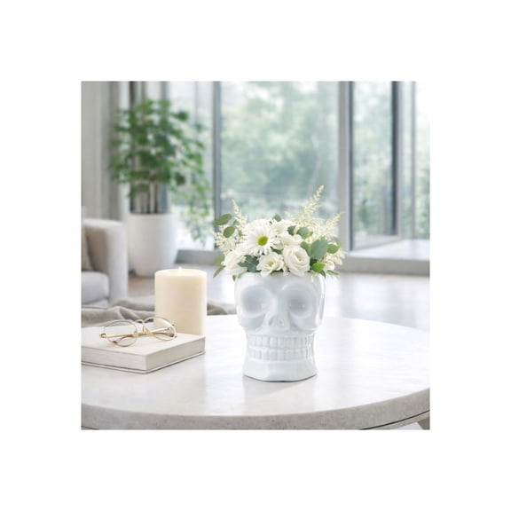 Decorative Skull Ceramic Vase for Living Room Decor - Contemporary Flower Vase for Home, Bedroom, and Office Decor - Ideal House Accents for Entryway Table and Shelf Display - 8", White