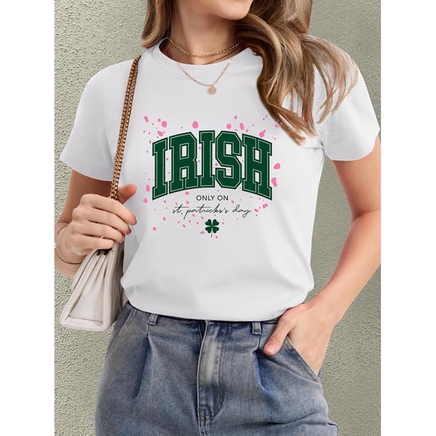 Camiseta vintage del Día de San Patricio para mujer, cuello redondo, manga corta, con letras irlandesas y estampado de trébol, tejido de punto de algodón, elasticidad media, ideal para primavera/veran