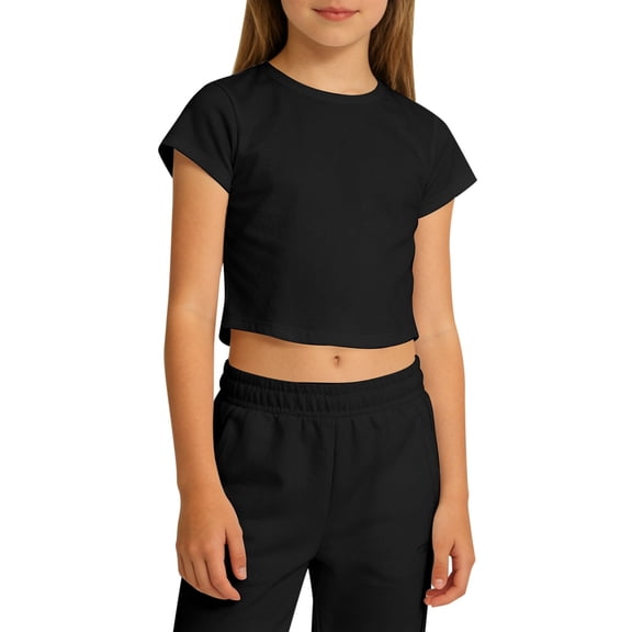 Hienoo Toddler Girls' Short Sleeved T Shirt Solid Crew Neck Crop Top Casual Summer Tee