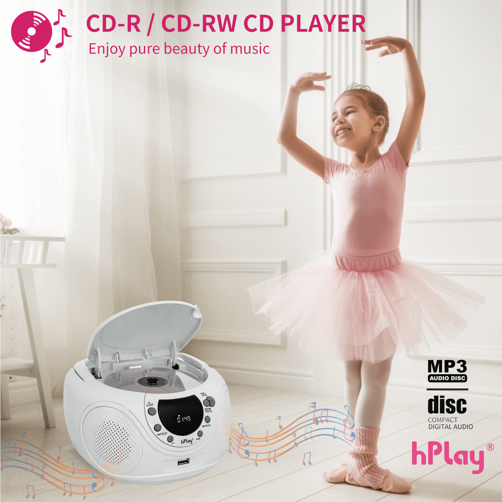 hPlay P16 Portable CD Player Boombox with Bluetooth, FM Digital Radio, USB/MP3 Playback, Aux-in & Headphone Jack - AC/Battery Powered Stereo System (White)