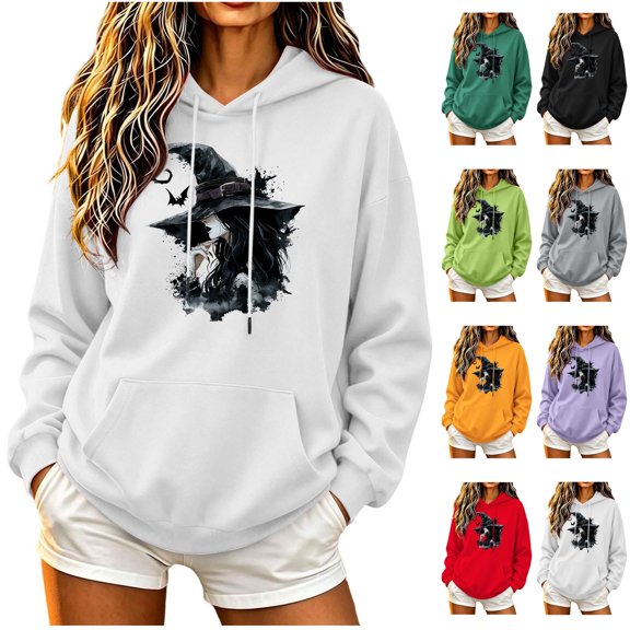 NSLGXD Women's Halloween Sweatshirts Funny Witch Graphic Pullover Hoodies Vintage Classic Long Sleeve Sweat Tops Halloween Costumes S-2XL