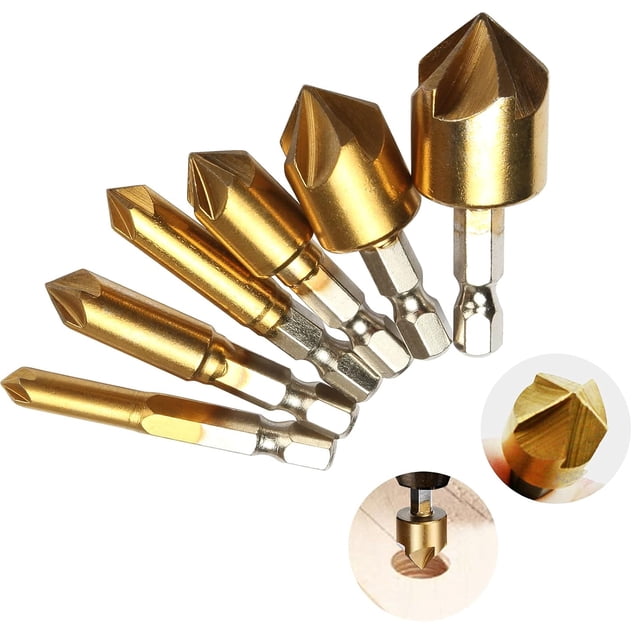 Juego de brocas avellanadas para metales blandos, juego de brocas de chaflán con vástago hexagonal, herramientas de perforación rápida sin vibraciones de 90 grados para carpintería (juego de 6)