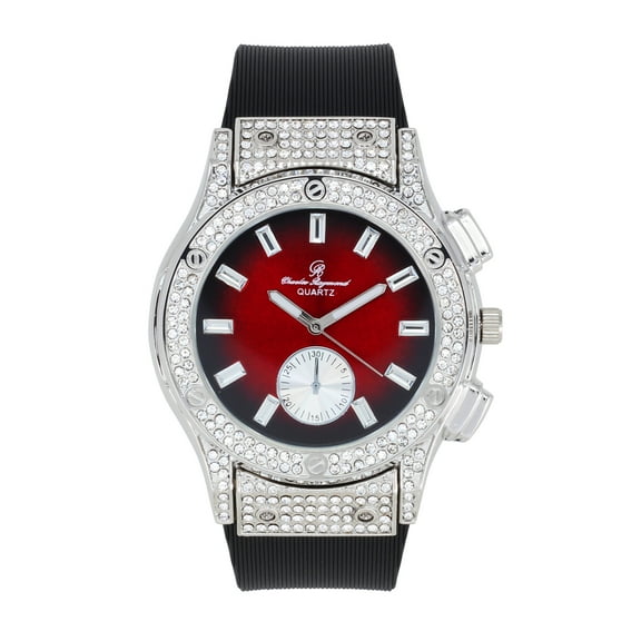 Charles Raymond Big Bling Watch Inspired by Hip Hop - Men's Iced Out Timepiece- Diamond Rhinestones on Blast - ST10311 SB SLV Red