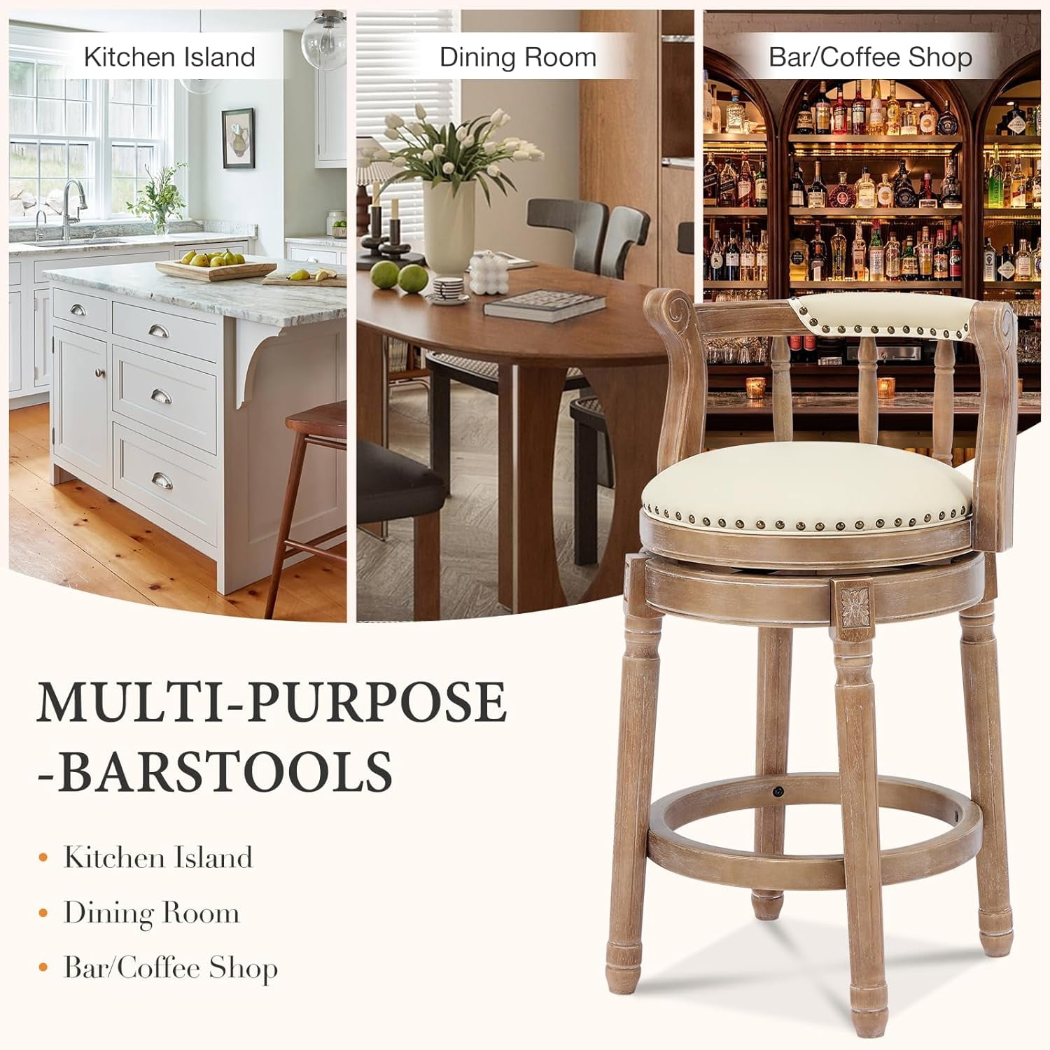 Aulife Bar Stools Genuine Leather Counter Height barstool Wooden Swivel kitchen Stool with Footrest for Kitchen Dining Room