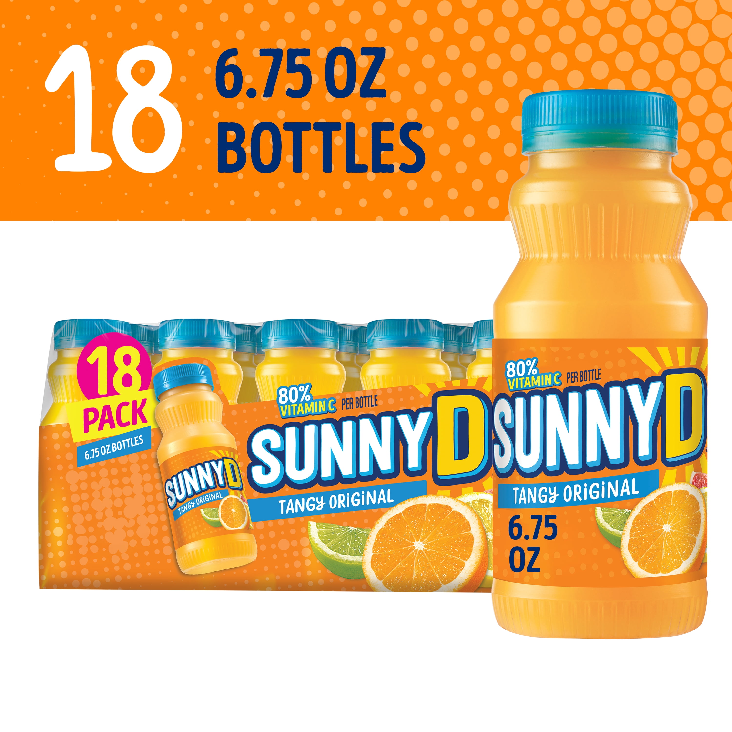SUNNYD Tangy Original Shelf Stable Orange Juice Drinks, 18 Count, 6.75 FL OZ Bottles