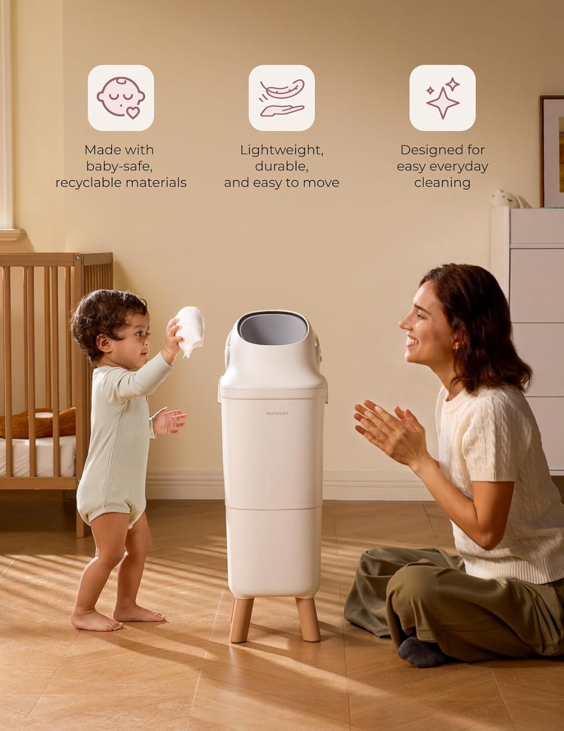 Momcozy Diaper Pail with Patented Triple-Seal Odor Control, Wide Opening, Ergonomic Height, Large Capacity with Viewing Window, Childproof Lock, Fits Standard Trash Bags