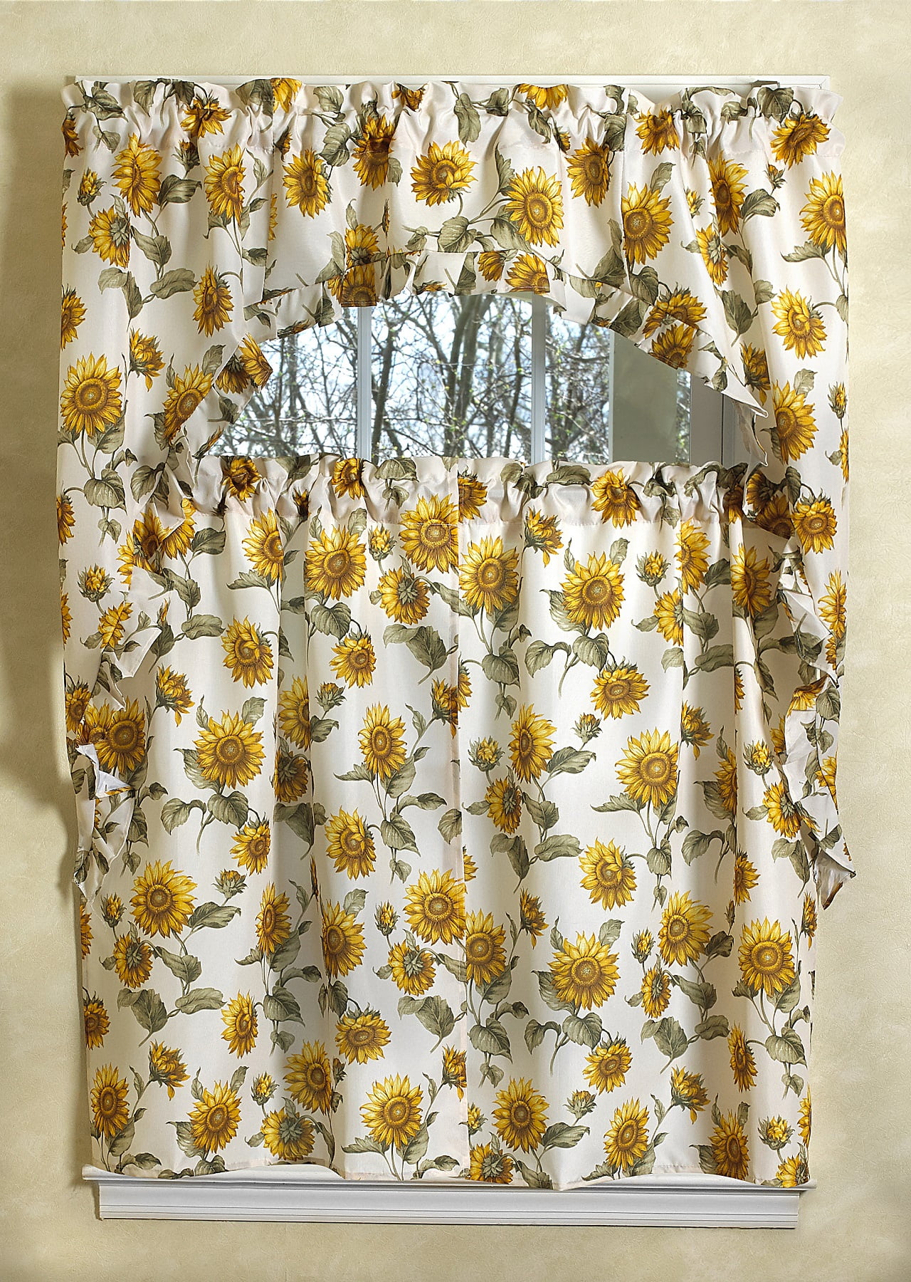 3pc  Printed Kitchen Curtains Set 60"x36" SUNFLOWERS BASKET,LX 2 Tiers & Swag 