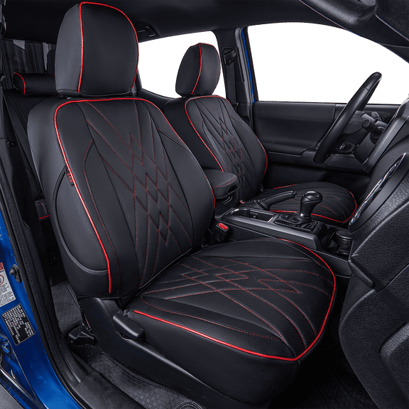 EKR Custom-Fit Tacoma Leather Car Seat Covers for Toyota Tacoma Double Cab/Crew Cab 2016-2023 Waterproof - Full Set,Leather(Black with Red Trim)