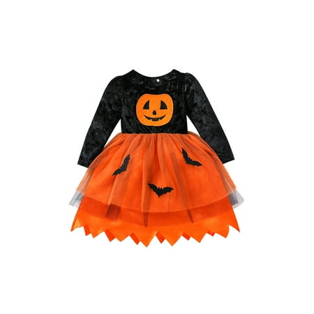 

AMILIEe Toddler Kids Girls Halloween Dress Pumpkin Print Mesh Tulle Patchwork Dress Party Dress
