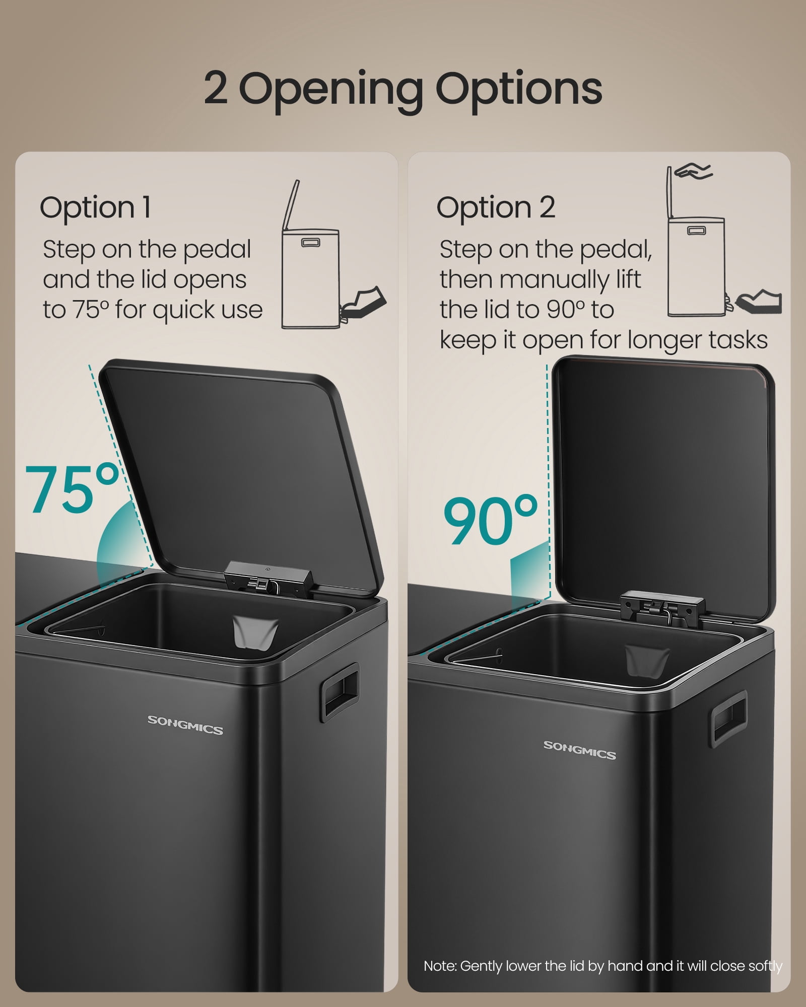 SONGMICS Trash Can, 2 x 8 Gallon (2 x 30 L) Double Compartment Garbage Can for Recycling, Stainless Steel, with 15 Liner Bags, Pedals, Black