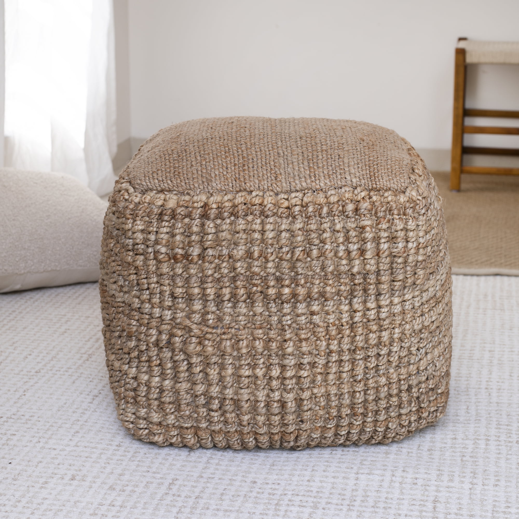 Ox Bay Jerry Square Natural Striped Jute Indoor Medium Pouf Ottoman, 18" H x 18" W