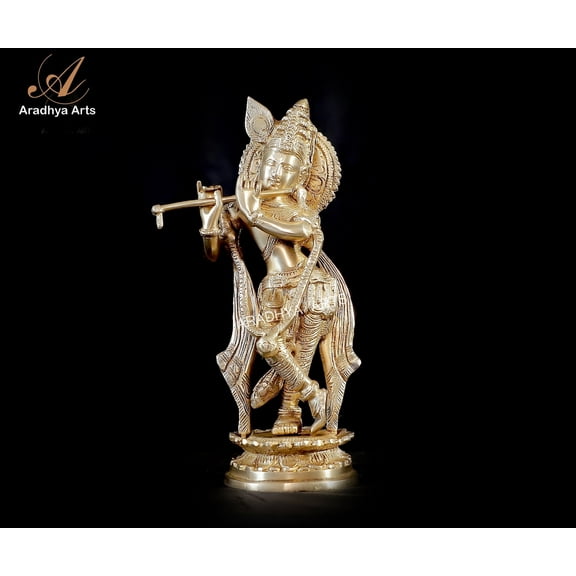 Aradhya Art Flute Playing Krishan made in Brass Height  28 CM for Temple  Home Décor office and Gifts