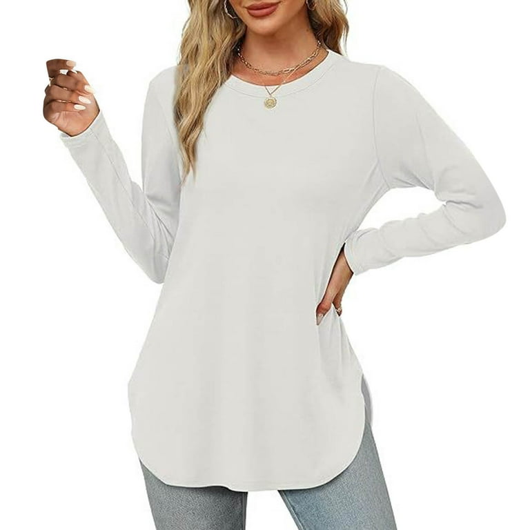Women s Long Sleeve Round Neck Shirt Side Slits Basic Loose Long Top Casual White L Walmart