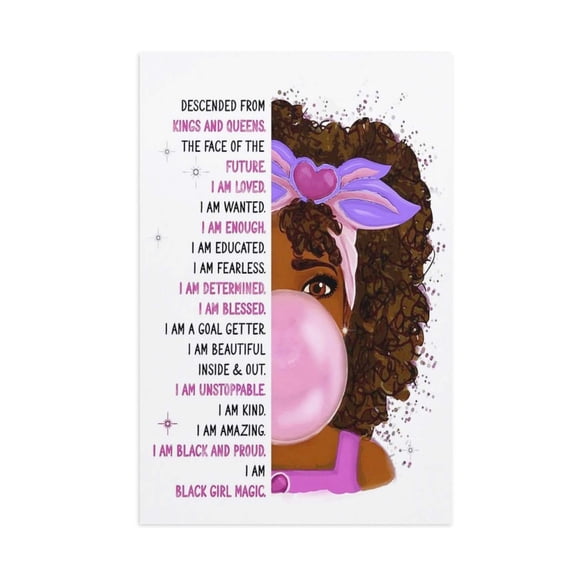 AIOE African American Girl Wall Art Black Art-Inspirational Positive Quotes Wall Decor-Pink Little Girls Bedroom Decor-Toddler Girls Room Decor-Black Girl Magic Unframe: 12x18in