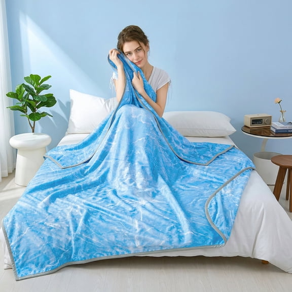 Cooling Summer Comforter, Lightweight Cool Sensation Silk Quilt for Hot Sleepers, Breathable Cooling Fiber Bedding Blue Queen