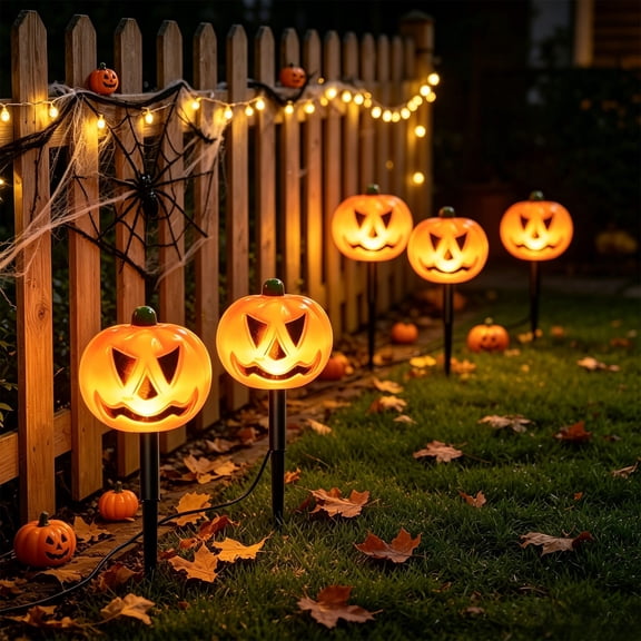 Halloween Large Jack O Lantern Pathway Stake Lights LED Pumpkin Ground String Lights Waterproof Outdoor Lawn Walkway Yard Halloween Decorations