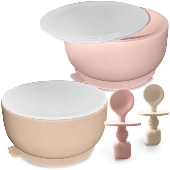 Sperric Silicone Baby Feeding Set (Beach Sand) Infant Suction Bowls with Lids and Spoons | BPA Free Toddler Self Feeding Utensils 4 pack 15 oz