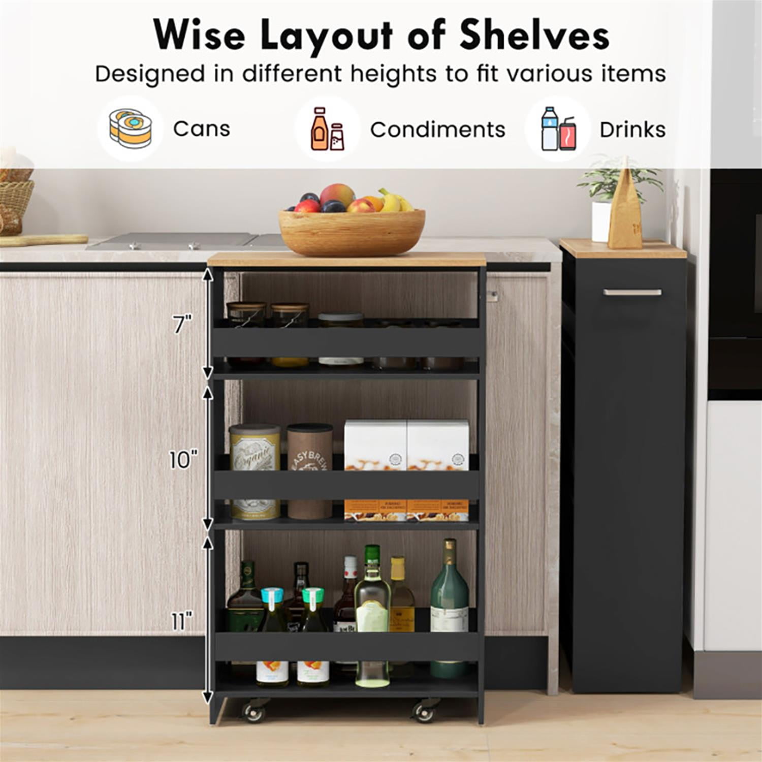 Demi Bonn 4-Tier Narrow Mobile Serving Cart with Open Shelves and Handle, Utility Cart, Bar Cart, for Kitchen Bathroom Living Room, Black