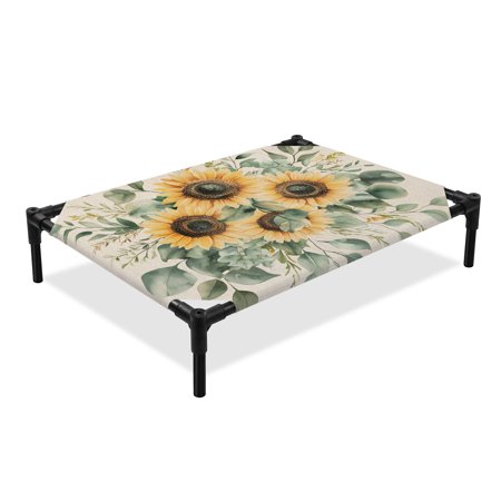 Sunflower Elevated Dog Bed Spring Watercolor Flower Leaf Linen Texture Farmhouse Cooling Breathable Outdoor Raised Dog Cot Bed with Metal Frame Non-Slip Feet for Large Dog 28x22in