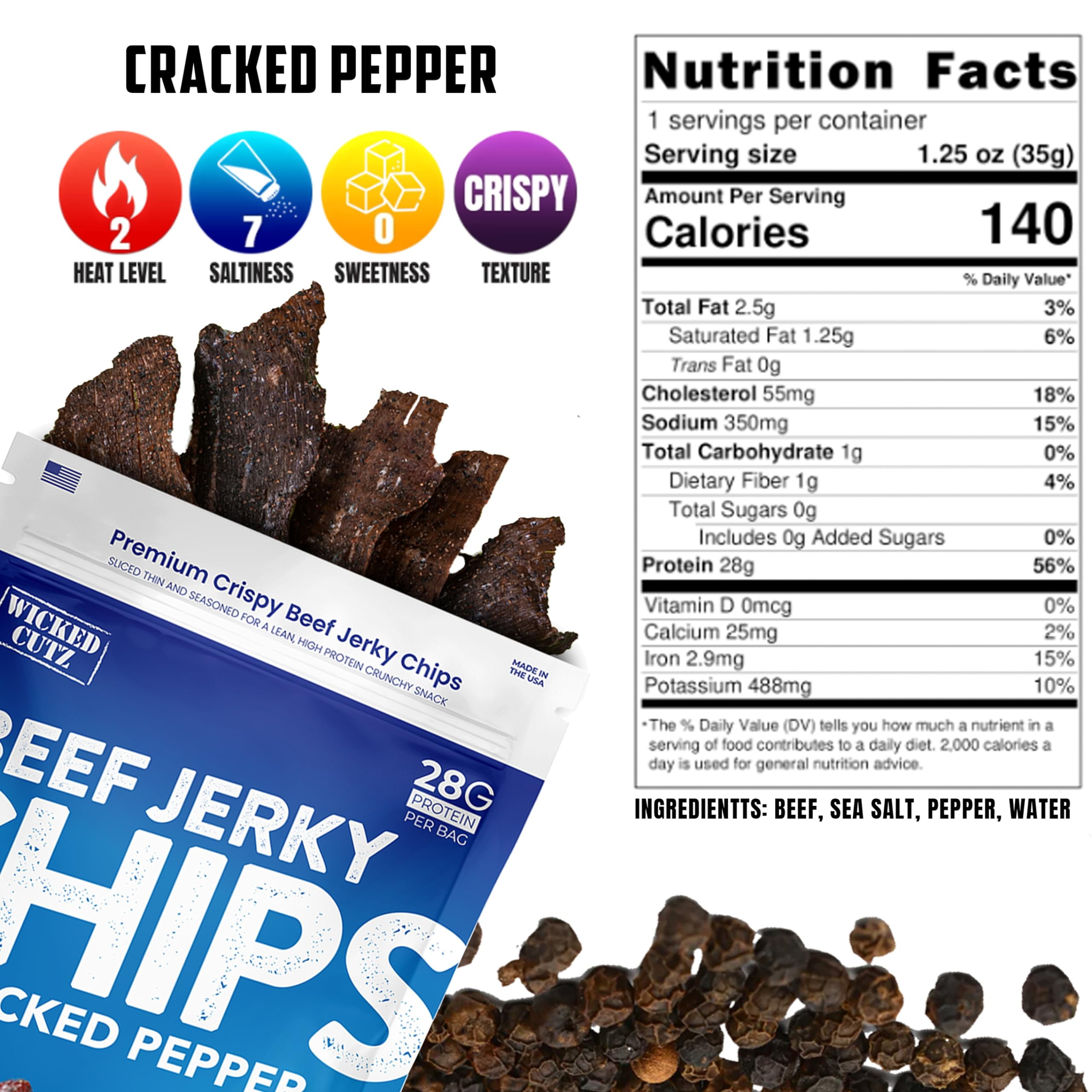 Wicked Cutz Cracked Pepper Beef MDA05&nbsp;Jerky Chips, 28g Protein per Bag, Crispy & Crunchy Beef Jerky Crisps, USA Made Pepper Flavored Chips, High Protein Carnivore Snacks (2 Bags)
