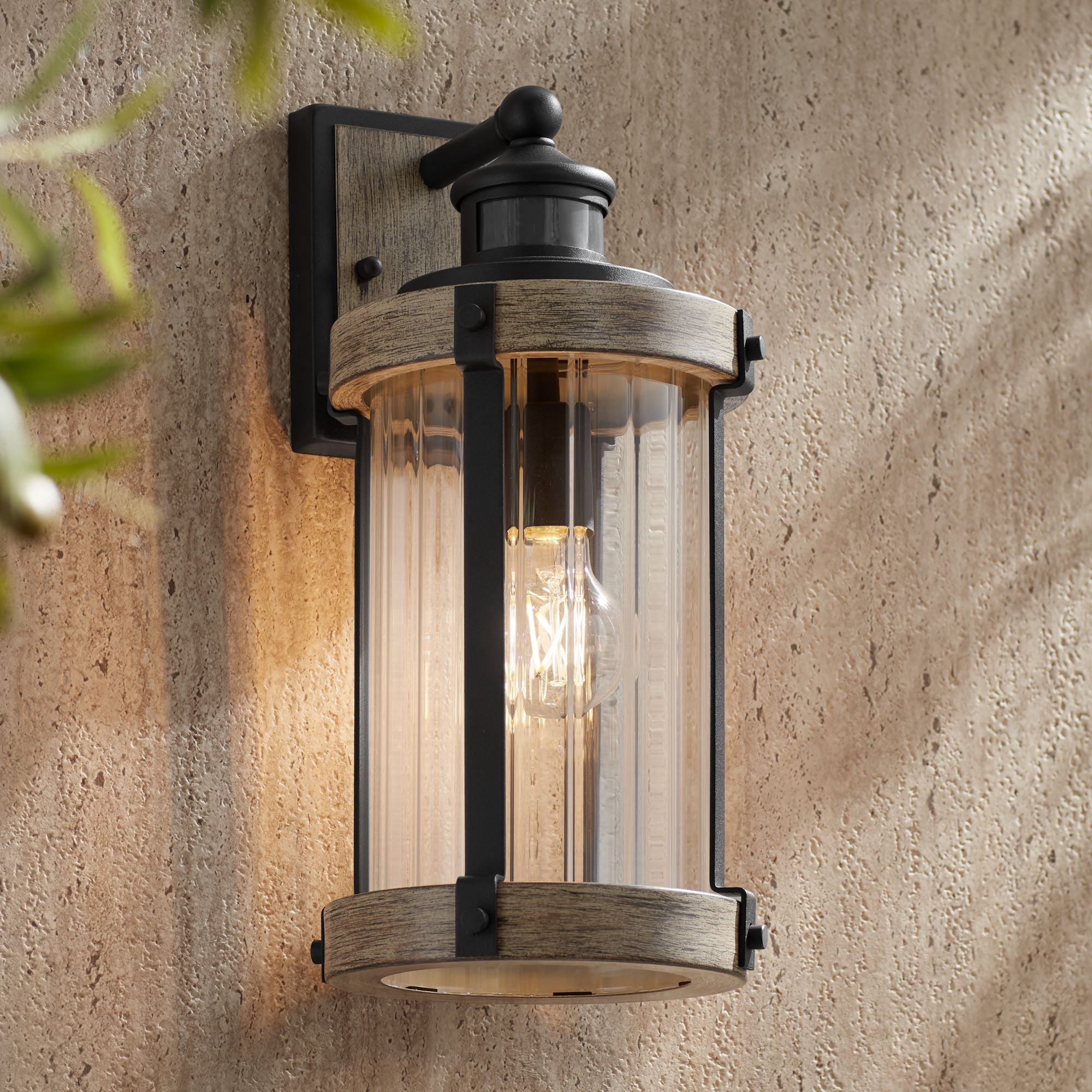 John Timberland Stan Industrial Outdoor Wall Light Fixtures Set of 2 Gray Black Motion Sensor Dusk to Dawn 15 1/2" Clear Glass for Post