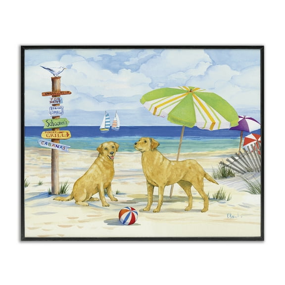 Stupell Industries Dog Beach Day Animals & Insects Painting Black Framed Art Print Wall Art, 14 x 11
