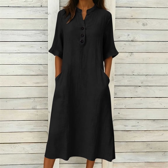 Gamivast Shirt Dress for Women Half Sleeve V-Neck Linen Feel Midi Dress With Pockets Loose Fit Casual Style Button Down House Dress Solid Color Outfits