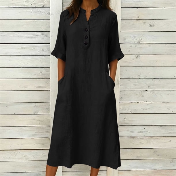 TaTaai Ladies V-Neck Ruffle Half Sleeve Solid Color Long Dress Button Down Design with Pockets Fashion Casual Comfortable Dress for Women Gift