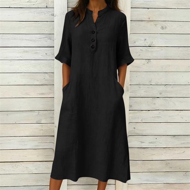 TaTaai Ladies V-Neck Ruffle Half Sleeve Solid Color Long Dress Button Down Design with Pockets Fashion Casual Comfortable Dress for Women Gift