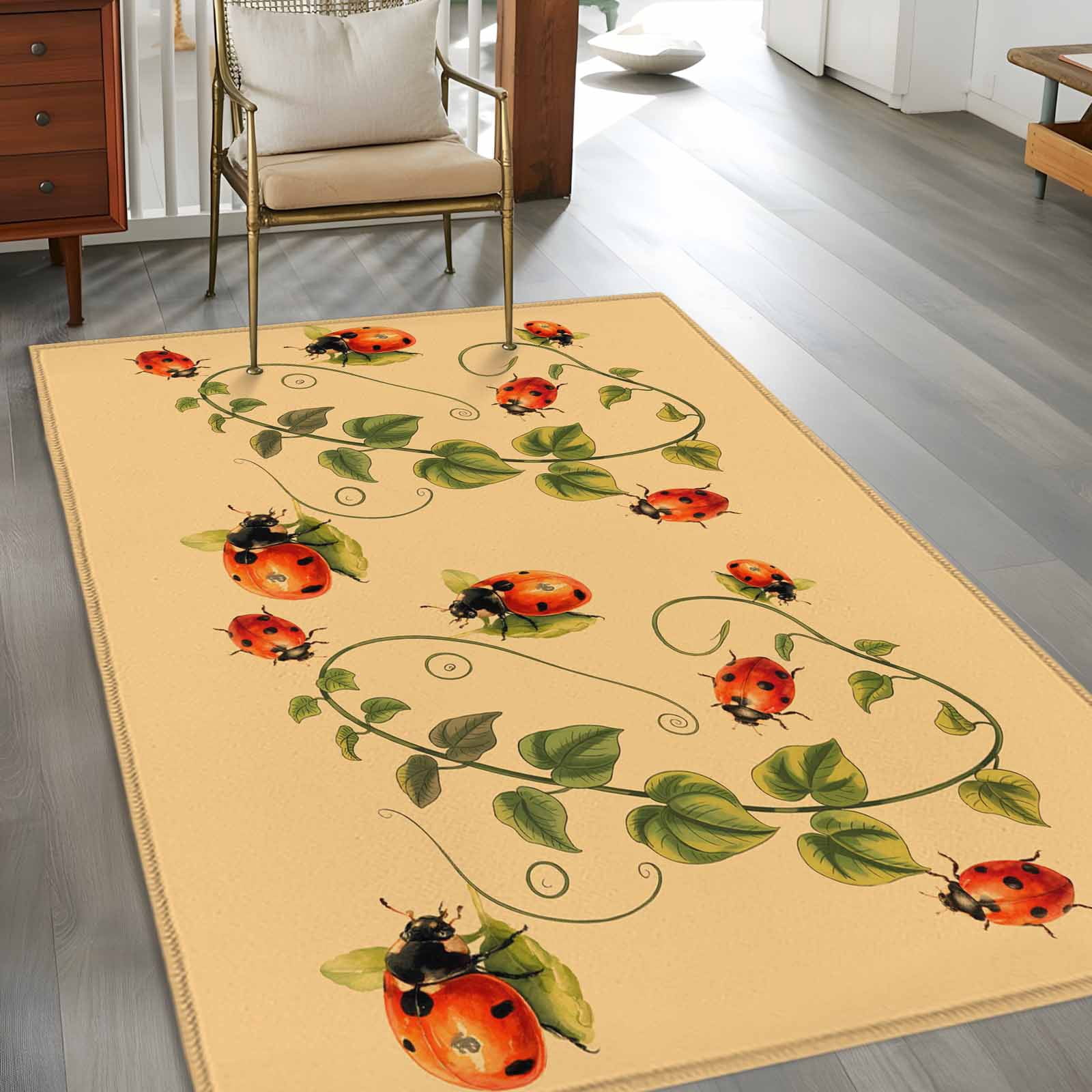 Ladybugs Eucalyptus Area Rugs 2.7'x5', Washable Small Throw Rugs for Kitchen Bedroom, Spring Botanical Leaves Yellow Indoor Outdoor Rug Non-Slip Low Pile Carpet Runner Reversible Floor Mats