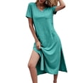 thumbnail image 2 of Summer Casual Women V-Neck Solid Color Side Slit Dress With Pocket, 2 of 5