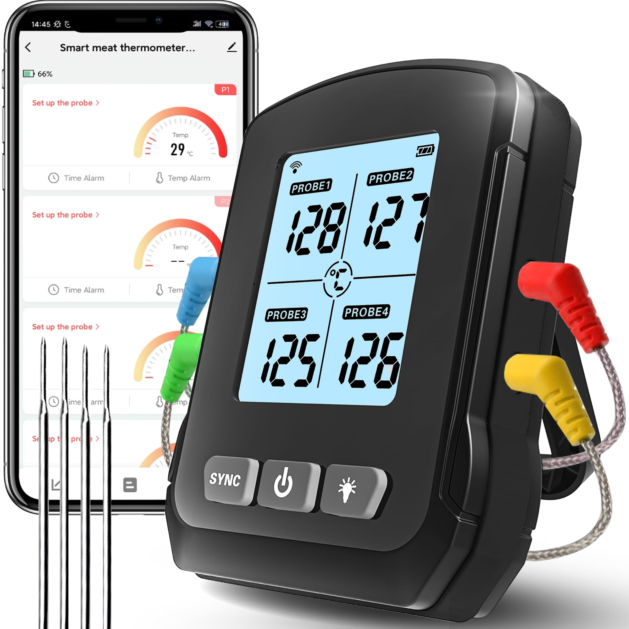 BFOUR True Wireless Meat Thermometer of 328FT, Bluetooth Meat Thermometer  with LCD Screen Smart Booster, Meat Thermometer for Grilling and Smoking  BBQ