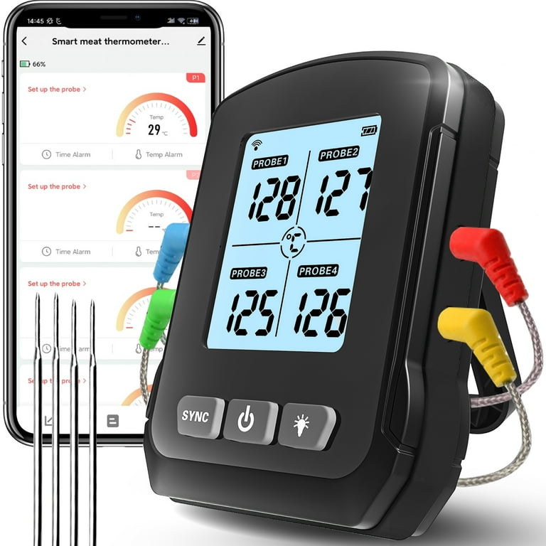  BFOUR Wireless Meat Thermometer with 2 Meat Probes, 328FT Smart  Wireless Bluetooth Meat Thermometer with LCD Screen Booster, Meat  Thermometer for Grilling Smoker BBQ Oven Rechargeable: Home & Kitchen