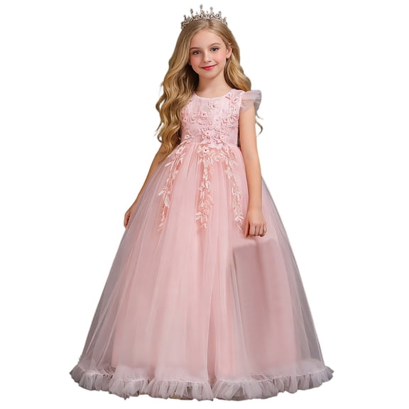 Fgnfyis Girls Dress Long Flowy Summer Formal Gown for Piano Performance Party Wedding Toddler Girl Dress Pink 9-10 Years