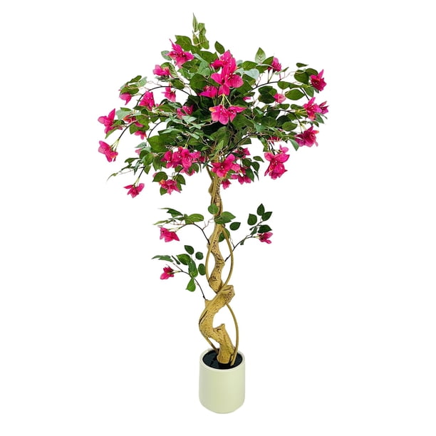 Yeshouse Buganvilla artificial, buganvilla de seda con flores rosas en maceta blanca, topiario artificial para decoración de interiores, exteriores, hogar, oficina, jardín y bodas