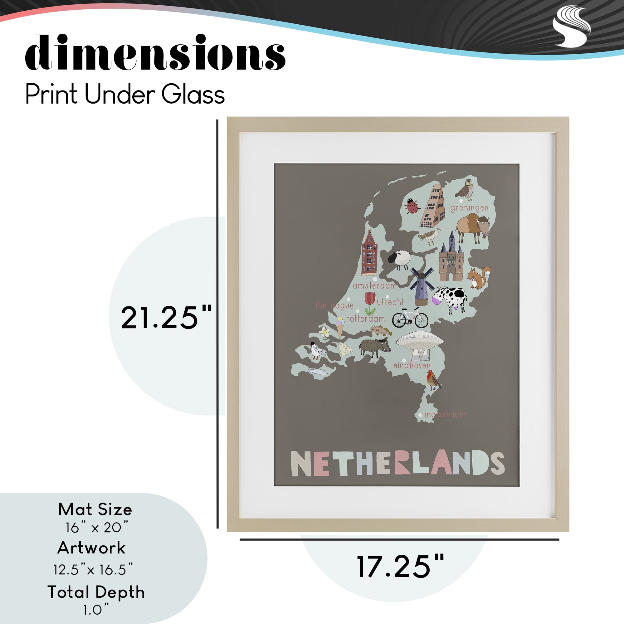 Kid's Map of Netherlands Birch Framed Print Under Glass, design by Carla Daly