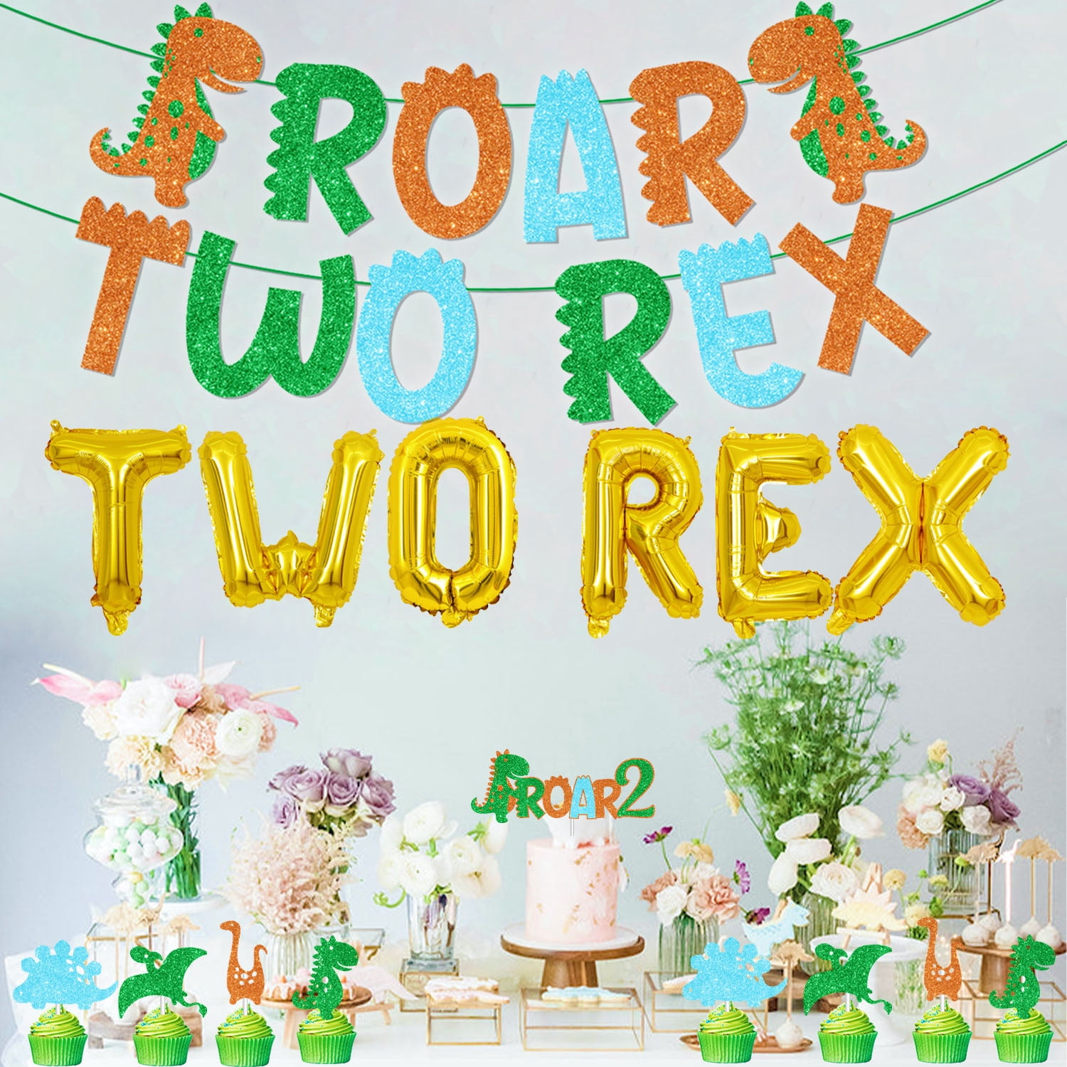 Dinosaur 2nd Birthday Party Decorations for Boys and Girls, Green Dinosaur with ROAR TWO REX Banner and Dinosaur Latex Foil Balloons Cake Toppers for 2 Years Old Boys Girls Birthday Party Supplies