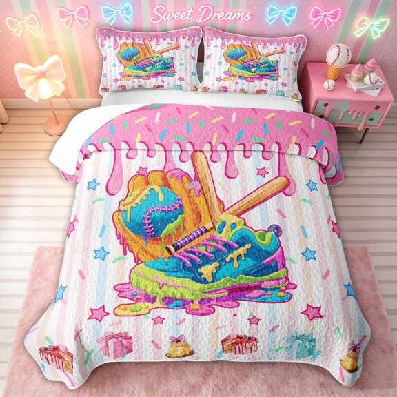 meiyoeat Pink Ice Cream Baseball Twin Quilt Set for Girls, Drip Sport Sneaker Bat Twin Coverlet Set, 2 Pieces, 1 Comforter and 1 Pillowcase
