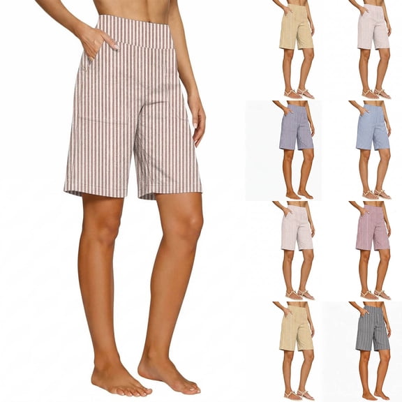 VBVC Women's Striped Cotton-Linen Bermuda Shorts,High Waist Knee Length Shorts For Women,Ladies Summer Pull-On Work Shorts with Pockets,Beige,S-2XL