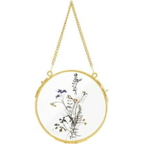 1Pcs 5.1 Inches Hanging Glass Floating Photo Frame Pressed Flowers Frames Round Wall Hanging Brass Frame for Dried Flowers Pictures Photos Double Glass Herbarium Gold for DIY